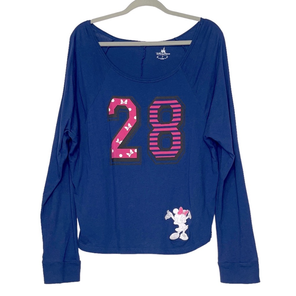 Disney Parks Shirt Womens Large Blue Minnie Mouse 28 Embroidered 100% Cotton‎